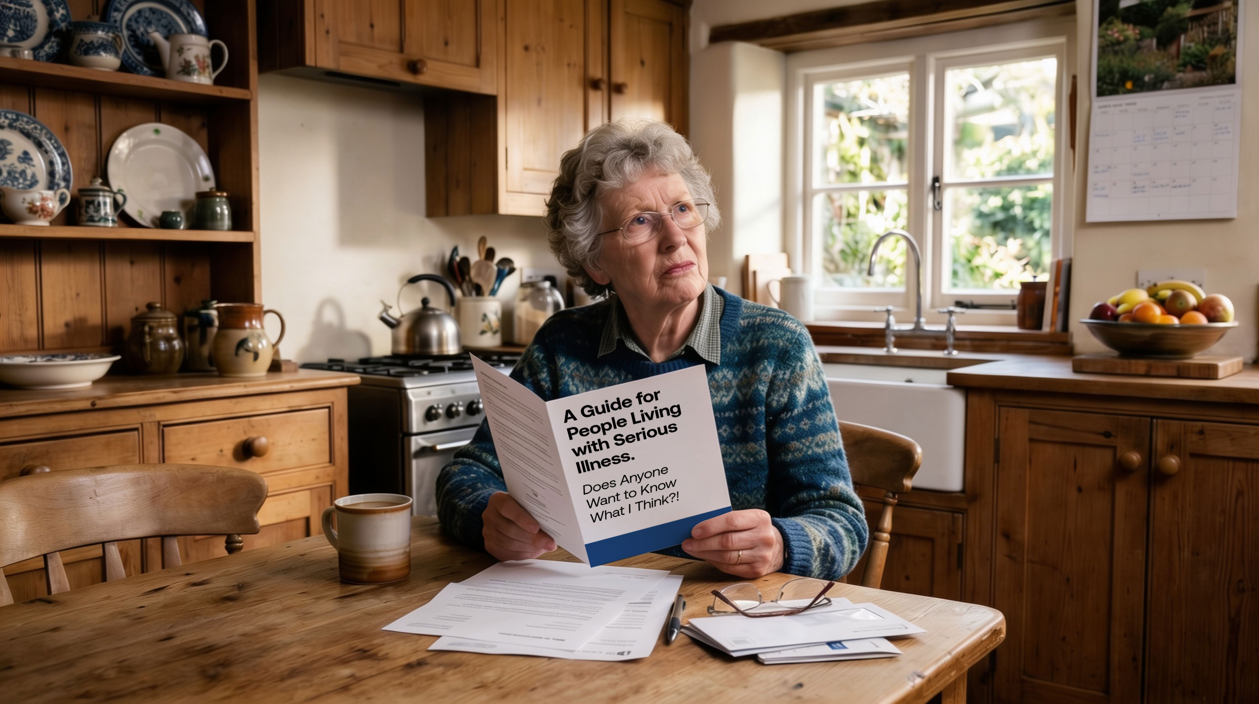 A woman at a kitchen table reading a healthcare brochure with a skeptical look.